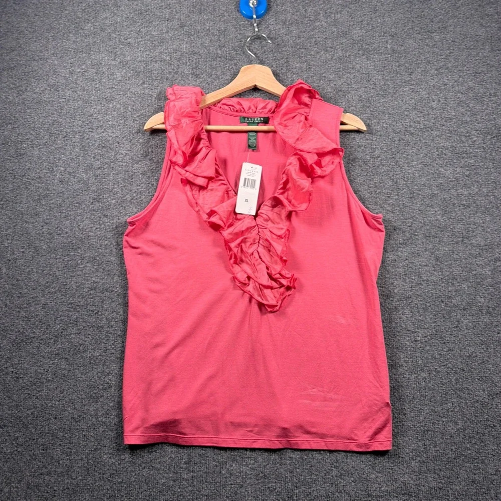 Lauren Ralph Lauren Sleeveless Top Womens XL Coral Pink Ruffle V-Neck READ
